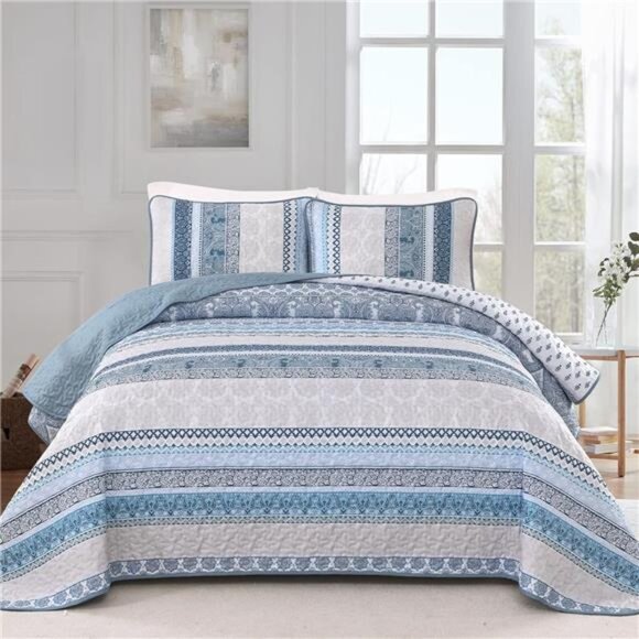 BEDDING Boho Quilt Set Queen Size,Blue Bohemian 3 Pieces Quilt Sets - Picture 8 of 16